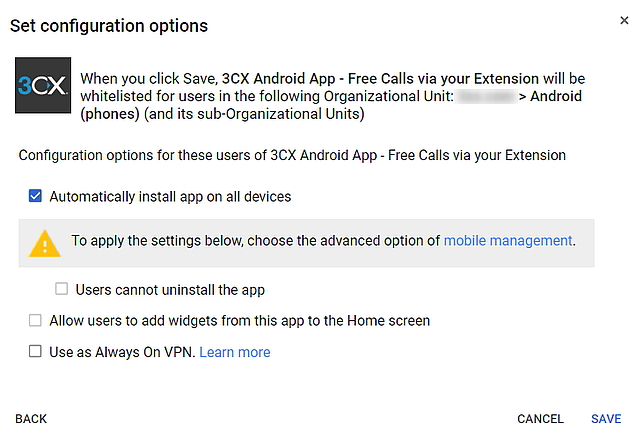 Политики развертывания 3CX для Android через G Suite